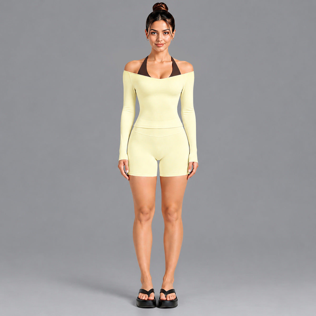 Wholesale Women’s Activewear Set | Double-Layer Halter Sports Top & Breathable Fitness Leggings | fouregg - 6278 Long Sleeve + XL41 Shorts Cream Yellow