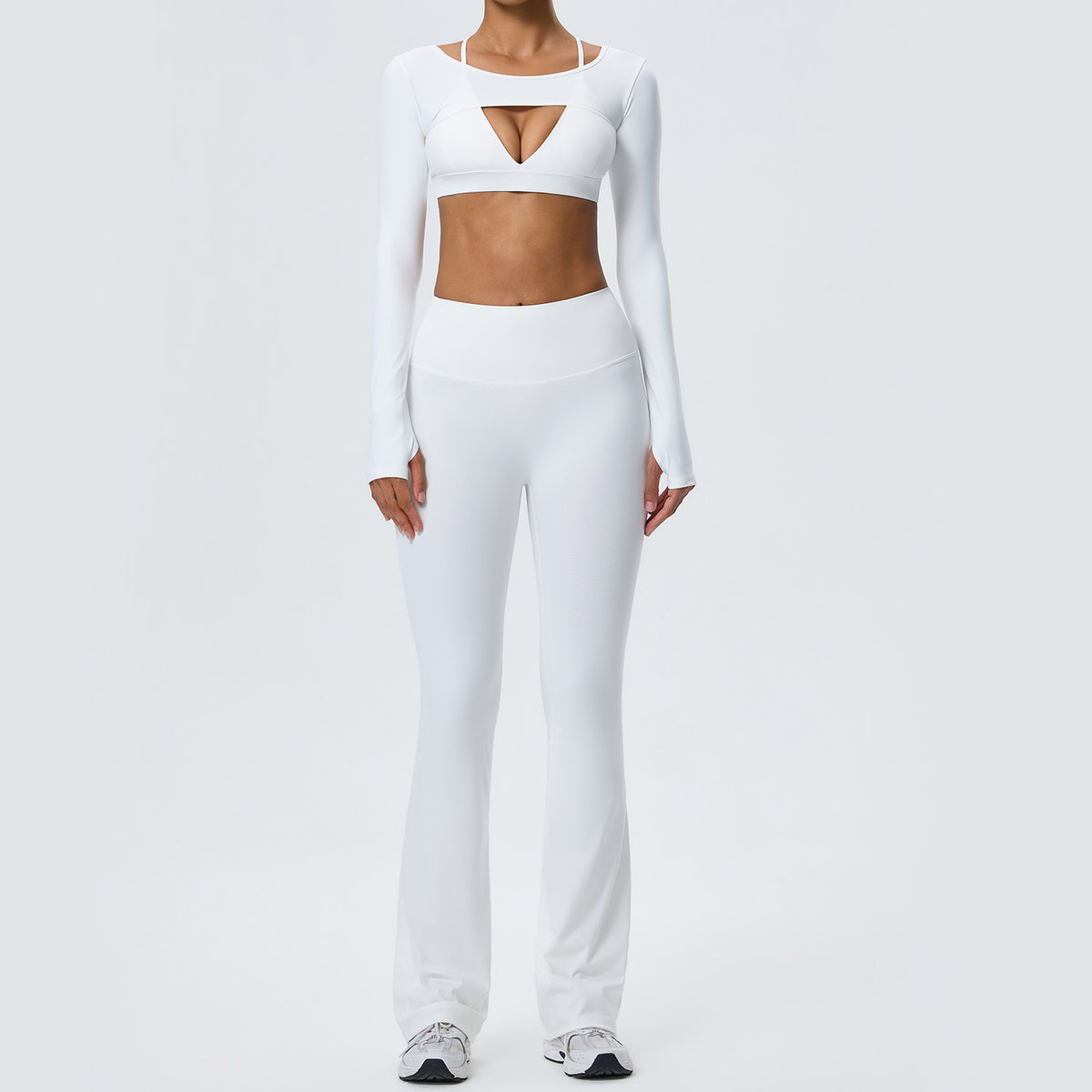 Wholesale Nude-Feel Activewear Set | Double-Brushed Bra, Butt-Lift Flare Pants & Cover-Up | fouregg - White