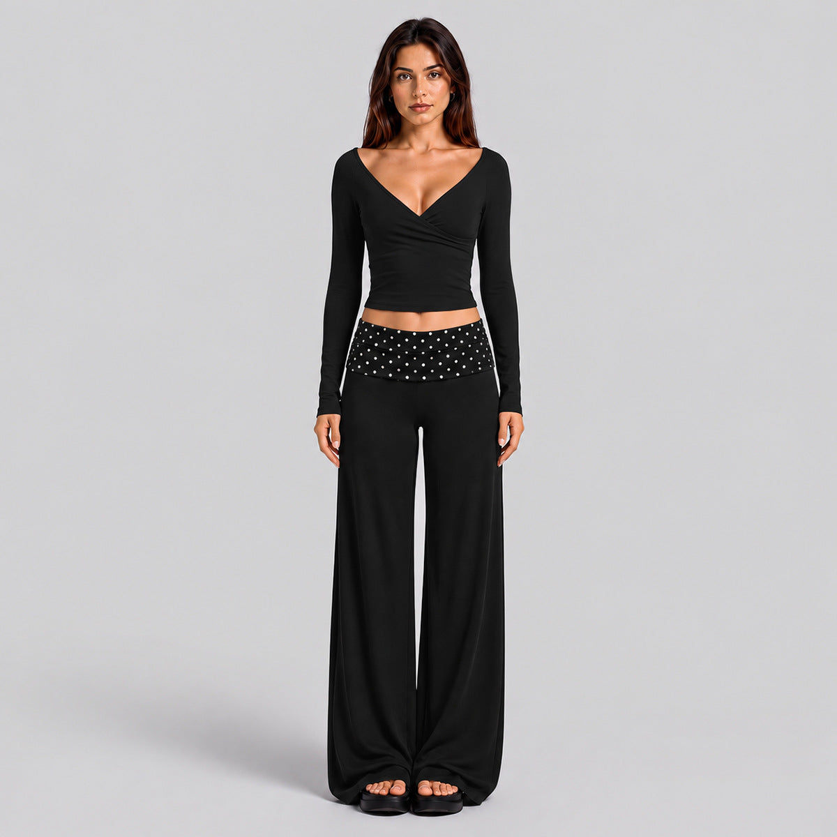 Wholesale Women’s Activewear Set | Color-Block Off-Shoulder Top & Polka Dot Workout Trousers | fouregg - Black