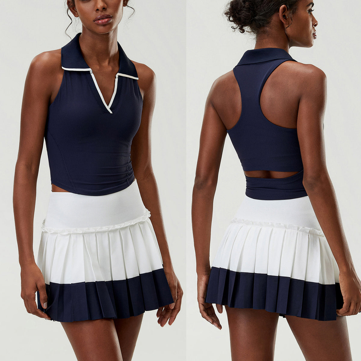 Wholesale Women's 2-Piece Sports Skirt Set | Cutout-Waist Tank Top & Puff-Edge Skirt | Quick-Dry Activewear | fouregg - Denimstone Blue