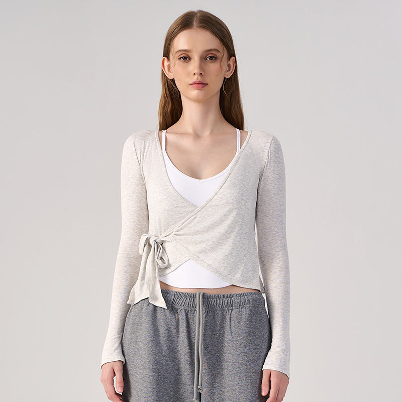 Wholesale Women’s Wrap Yoga Top | Thin Long-Sleeve Crossover Cardigan for Pilates & Activewear | fouregg - White Heather Gray