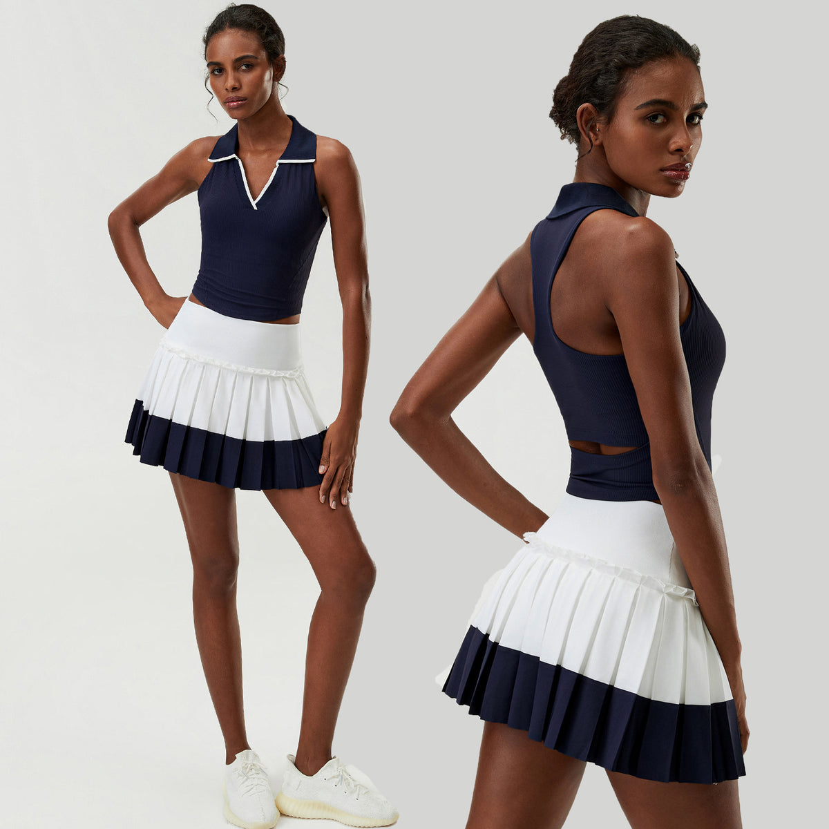 Wholesale Women's 2-Piece Sports Skirt Set | Cutout-Waist Tank Top & Puff-Edge Skirt | Quick-Dry Activewear | fouregg