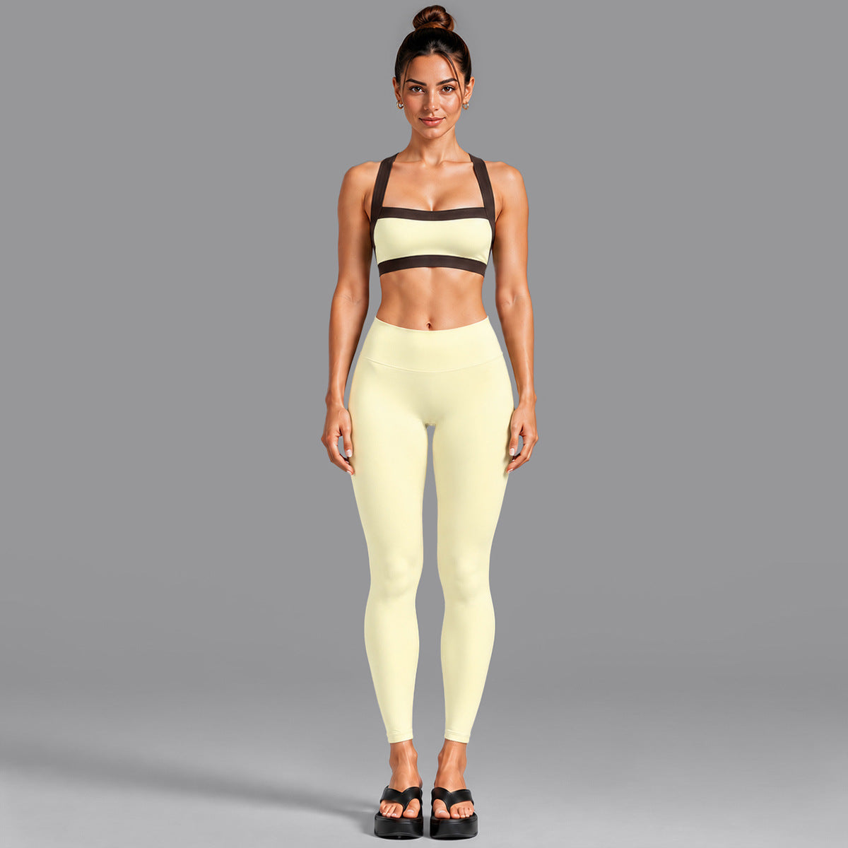 Wholesale Women’s Activewear Set | Contrast-Color Yoga Bra & Pilates Fitness Pants | fouregg - 6231 Underwear + 1352 Long Pants Cream Yellow