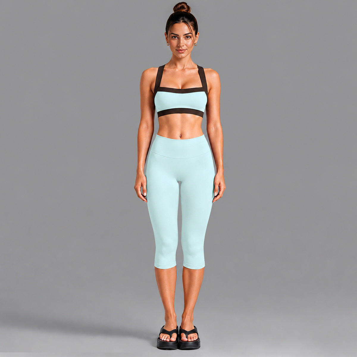 Wholesale Women’s Activewear Set | Contrast-Color Yoga Bra & Pilates Fitness Pants | fouregg - 6231 Underwear + 1554 Mid-Length Pants Light Blue