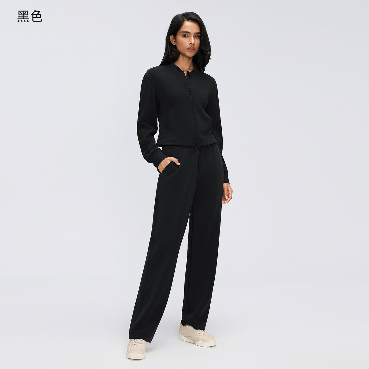 Wholesale Women’s Casual Activewear Set | Relaxed Cropped Sports Jacket & Straight-Leg Trousers | fouregg - Black D26156+D26157