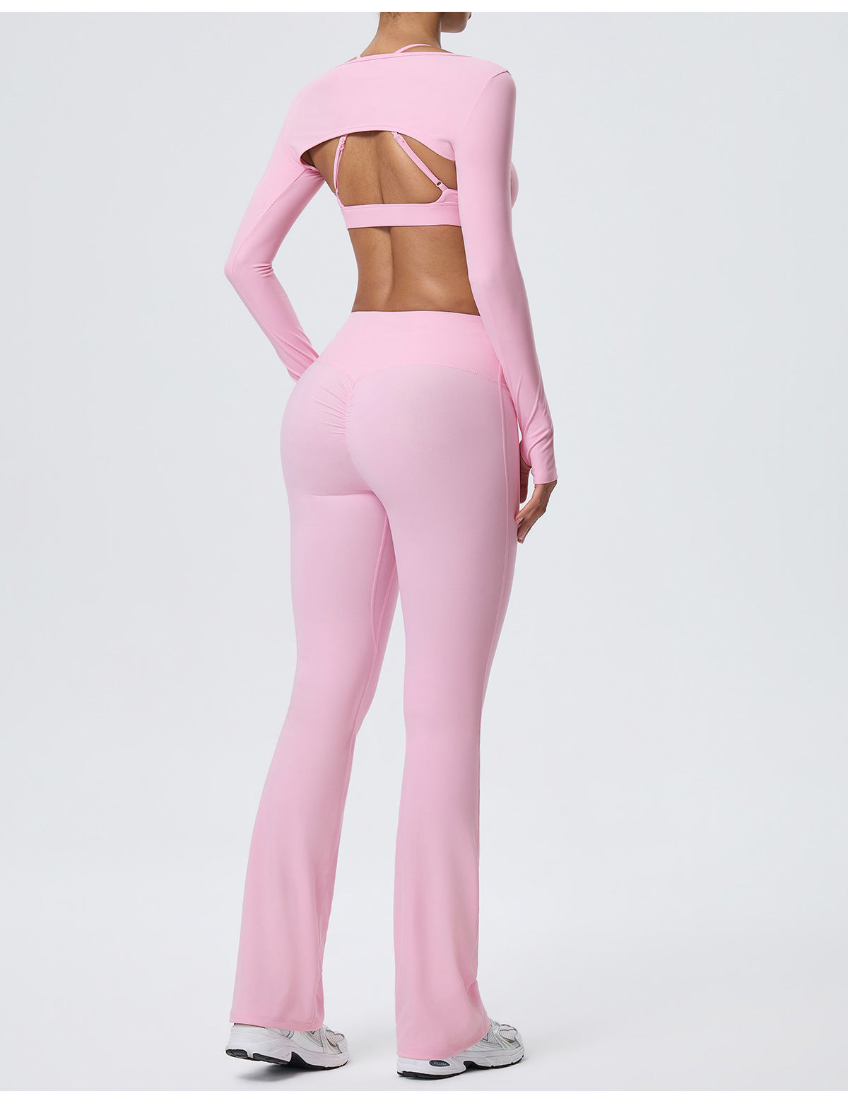 Wholesale Nude-Feel Activewear Set | Double-Brushed Bra, Butt-Lift Flare Pants & Cover-Up | fouregg
