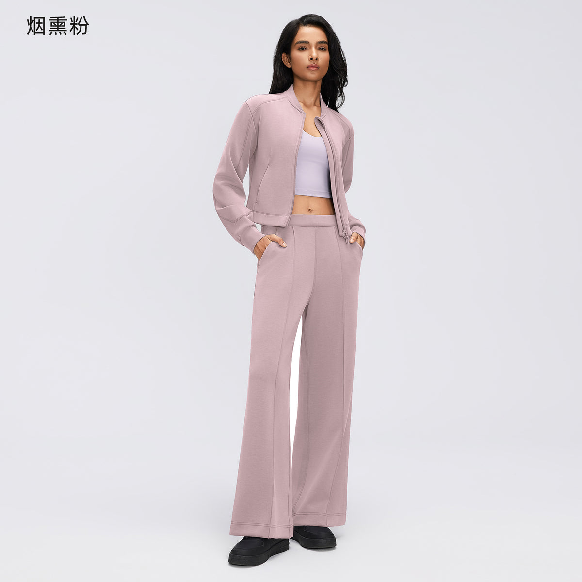 Wholesale Women’s Casual Activewear Set | Relaxed Cropped Sports Jacket & Straight-Leg Trousers | fouregg - Smoky Pink D26156+D26159