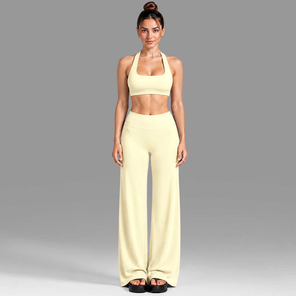 Wholesale Women’s Summer Activewear Set | Built-In Cup Halter Bra & Open-Back Pilates Outfit | fouregg - Underwear + Pants Butter Yellow