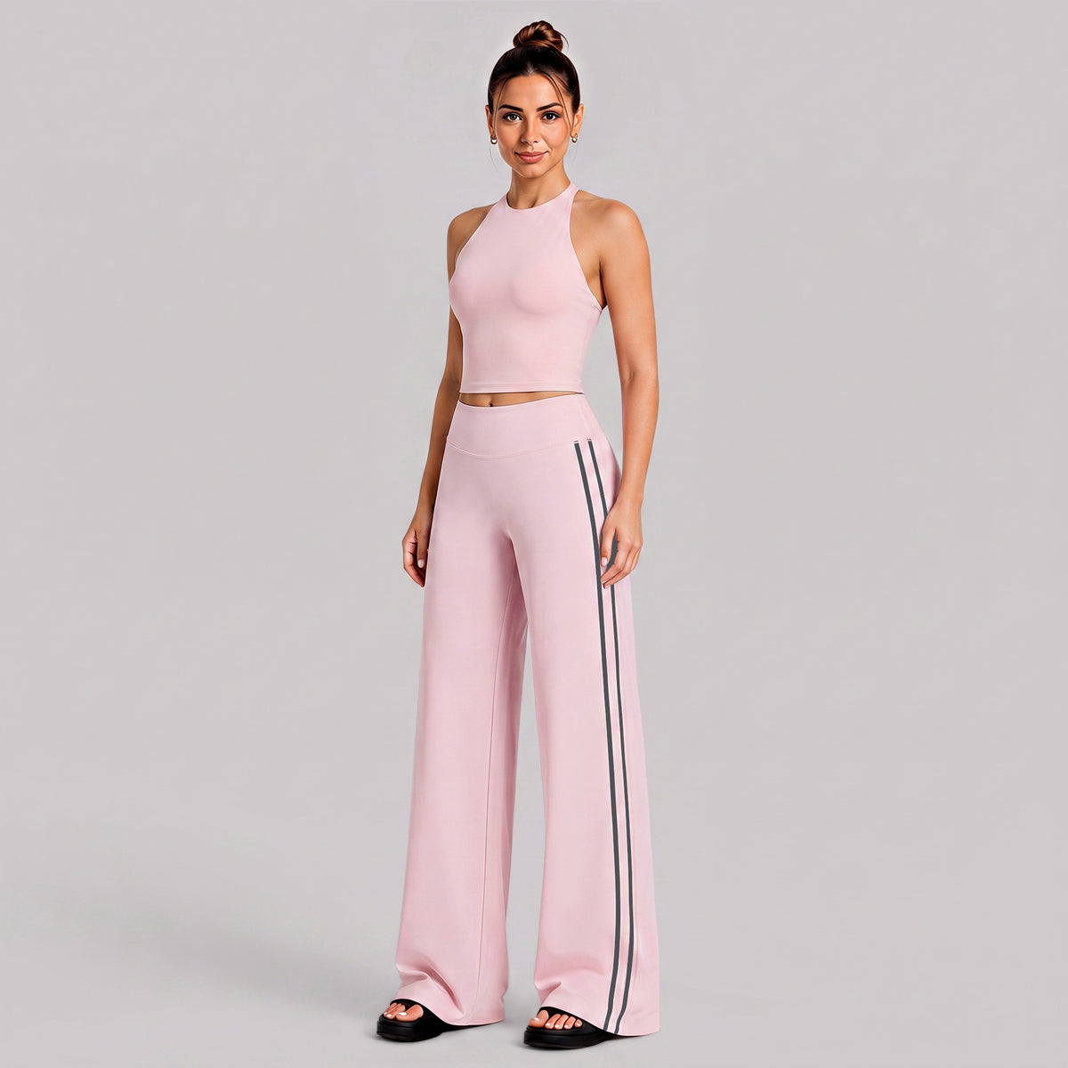 Wholesale Women’s Quick-Dry Yoga Set | Backless Halter Sports Top & Relaxed Straight-Leg Trousers | fouregg - Tank top + pants, pink