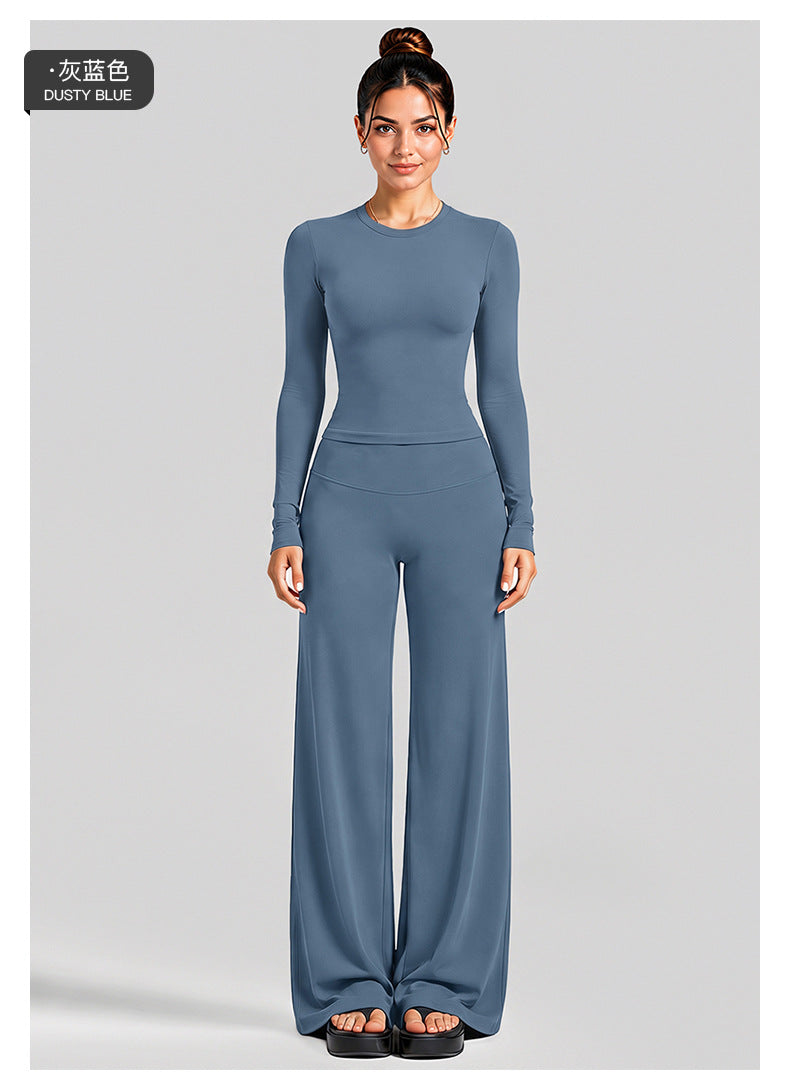 Wholesale Women’s Activewear Set | Fitted Long Sleeve Tee & Loose Straight-Leg Workout Trousers | fouregg
