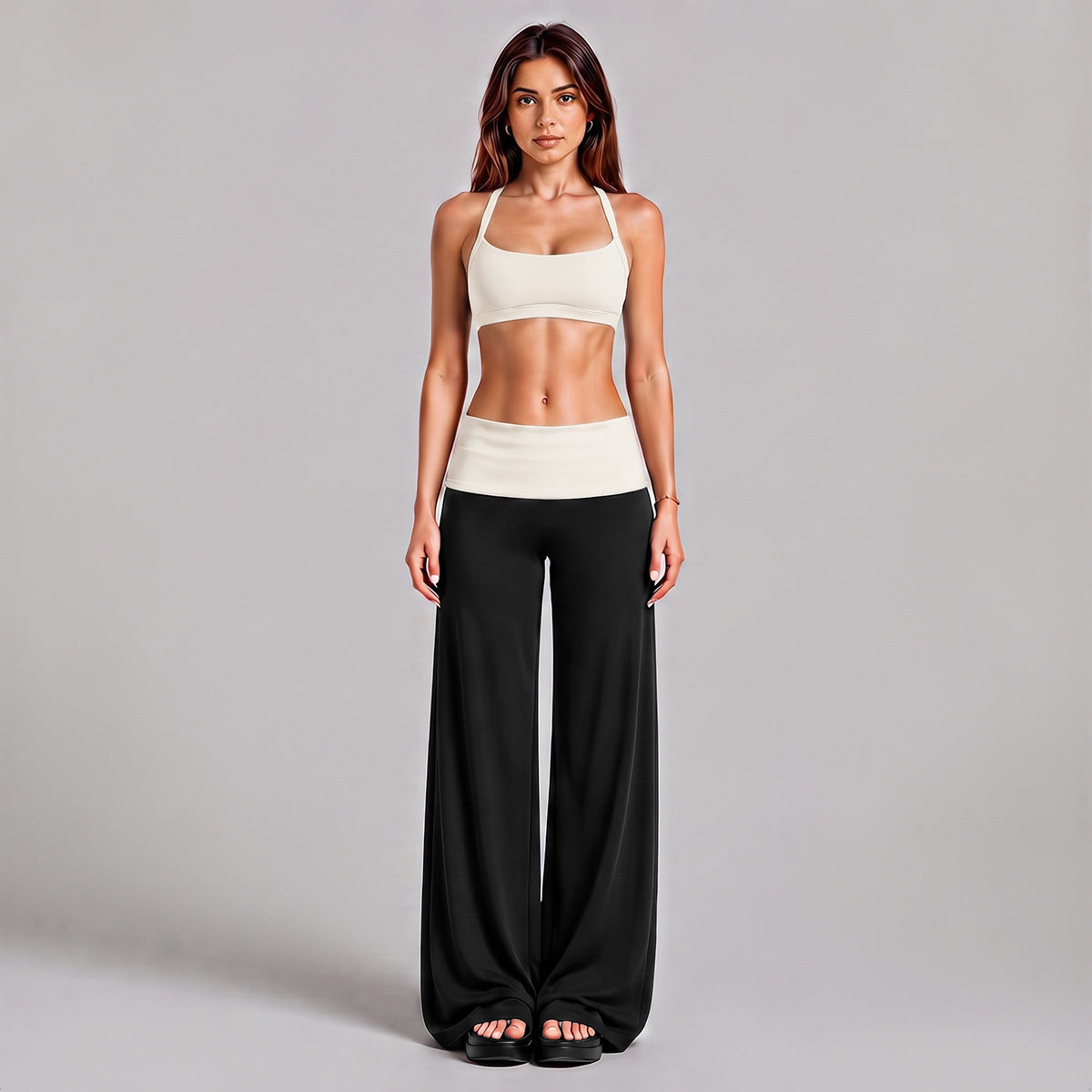 Wholesale Women’s Activewear Set | Workout Bra & Loose-Fit Color-Block Yoga Trousers | fouregg - Pants + Underwear, Egg White