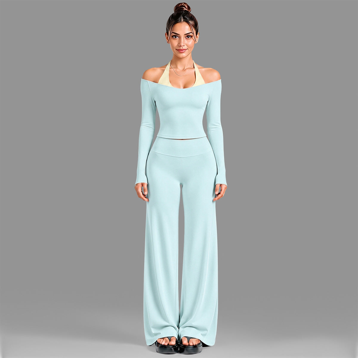 Wholesale Women’s Activewear Set | Double-Layer Halter Sports Top & Breathable Fitness Leggings | fouregg - 6278 Long Sleeve + 1339 Straight-Leg Pants Light Blue