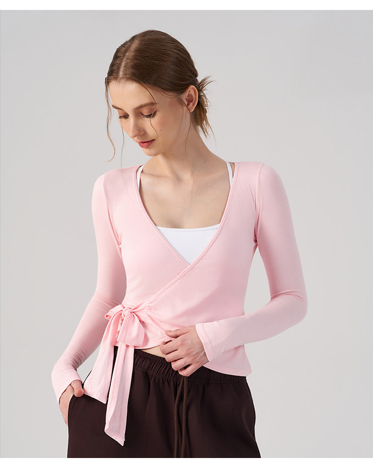 Wholesale Women’s Wrap Yoga Top | Thin Long-Sleeve Crossover Cardigan for Pilates & Activewear | fouregg