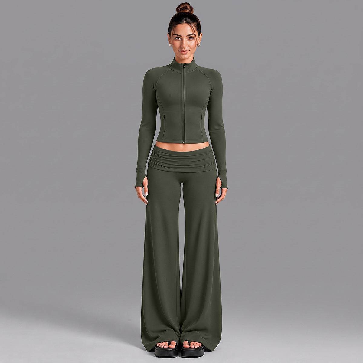 Wholesale Women’s Activewear Set | Quick-Dry Color-Block Track Jacket & Polka Dot Yoga Pants | fouregg - XL37 Jacket + 6090 Pants, Olive Green
