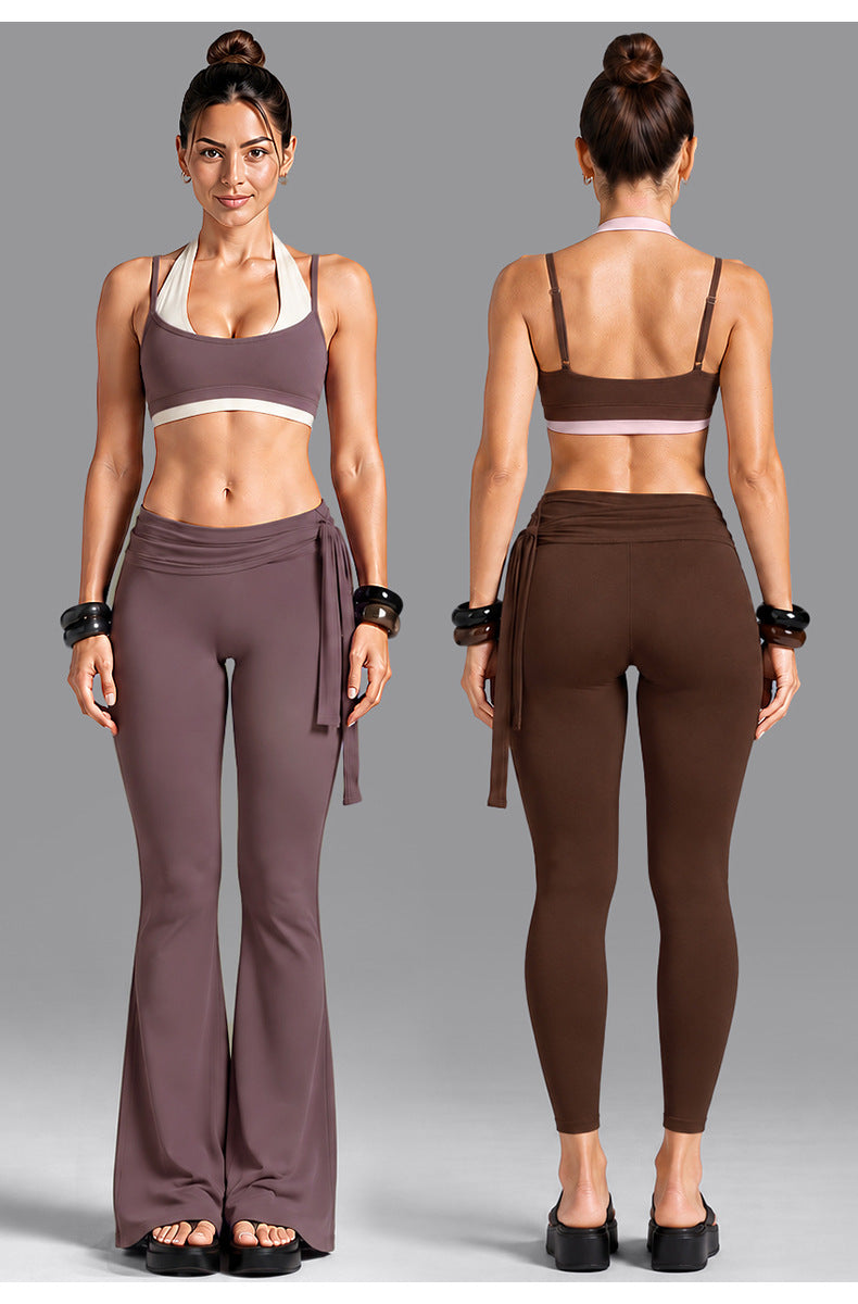 Wholesale Women’s Activewear Set | Dual-Layer Halter Sports Top & Tie-Detail Quick-Dry Workout Pants | fouregg
