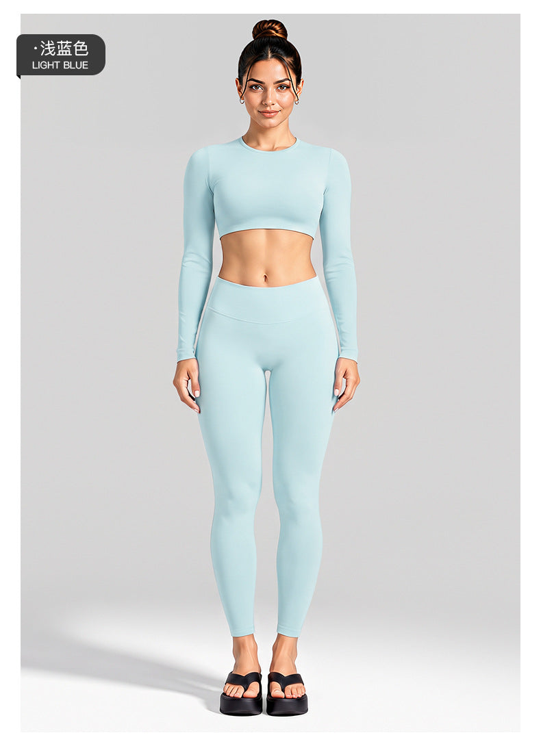 Wholesale Women’s Activewear Set | Cutout Back Long Sleeve Tee & High-Waisted Loose Pants | fouregg