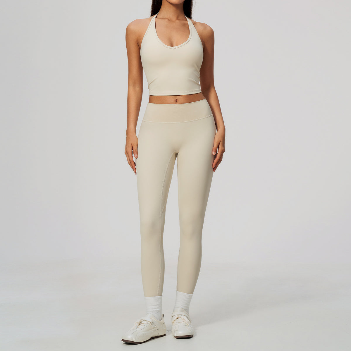 Wholesale Women’s Quick-Dry Activewear Set 5529 | Halter Tank & Sculpting Yoga Pants | fouregg - 5529 Vest + 8519 Pants, Oatmeal Beige