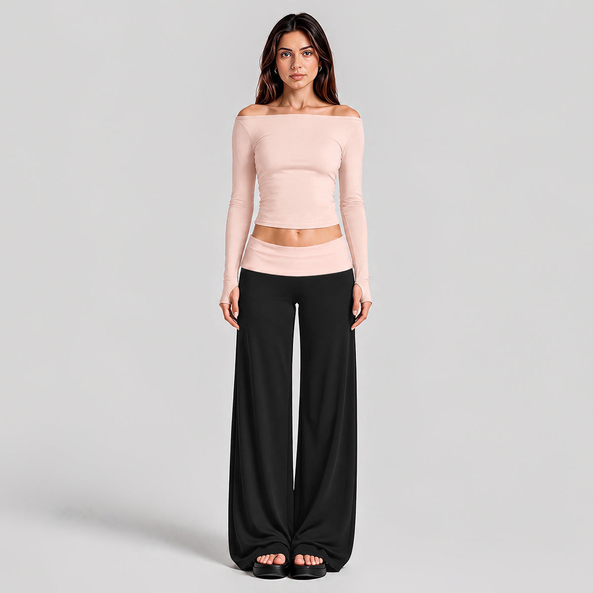 Wholesale Women’s Activewear Set | Quick-Dry Long Sleeve Off-Shoulder Top & High-Waisted Workout Pants | fouregg - Long Sleeve + Pants, Gray Pink