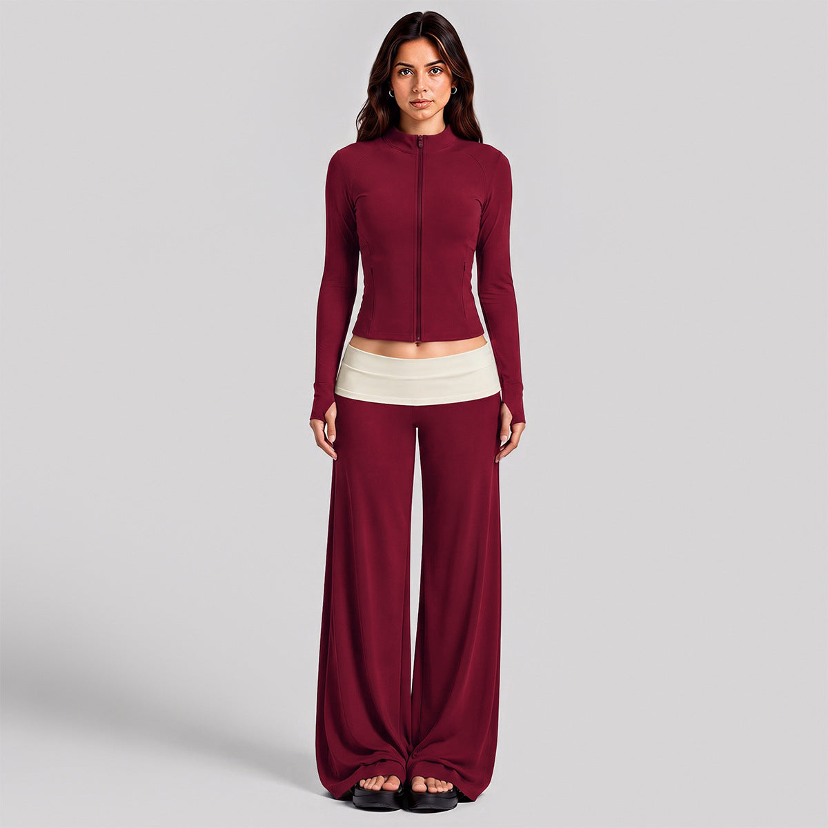 Wholesale Women’s Activewear Set | Color-Block High-Neck Jacket & Quick-Dry Workout Trousers | fouregg - Rumba Red