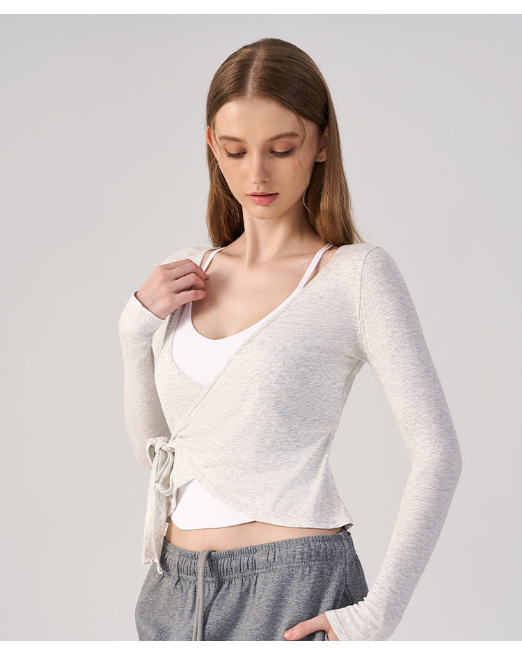 Wholesale Women’s Wrap Yoga Top | Thin Long-Sleeve Crossover Cardigan for Pilates & Activewear | fouregg