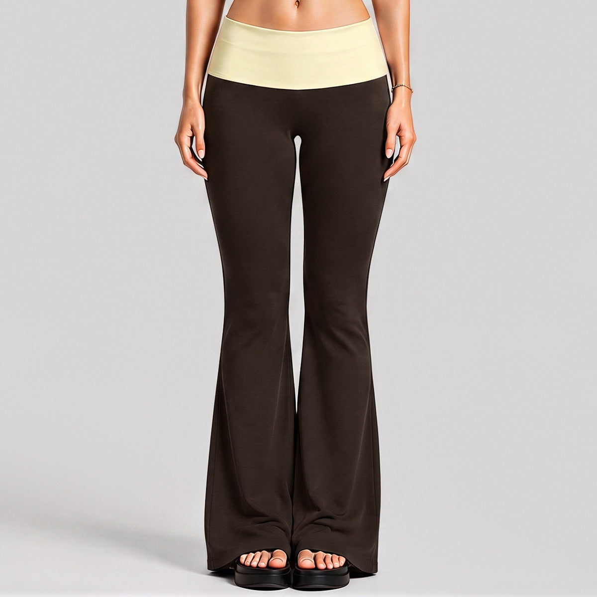 Wholesale Women’s Activewear Set | Faux-Layered Sports Bra & Quick-Dry Flared Yoga Pants | fouregg - 6188 Pants Root Brown/Cream Yellow