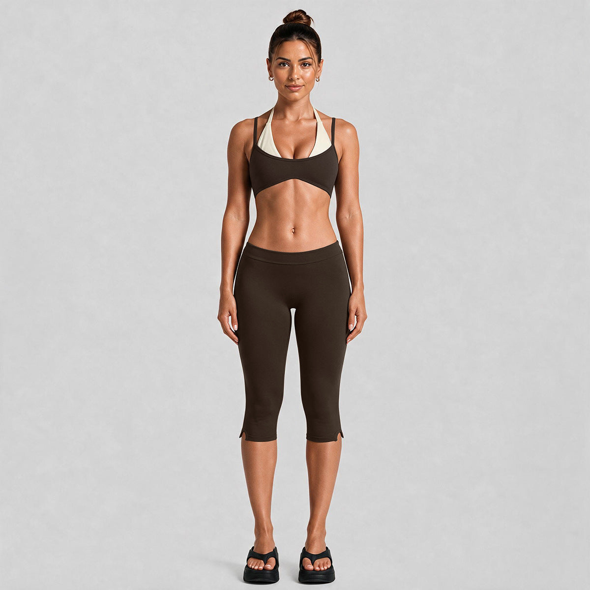 Wholesale Women’s Activewear Set | Contrast-Color Halter Bra & 3/4-Length Running Workout Pants | fouregg - Root Brown