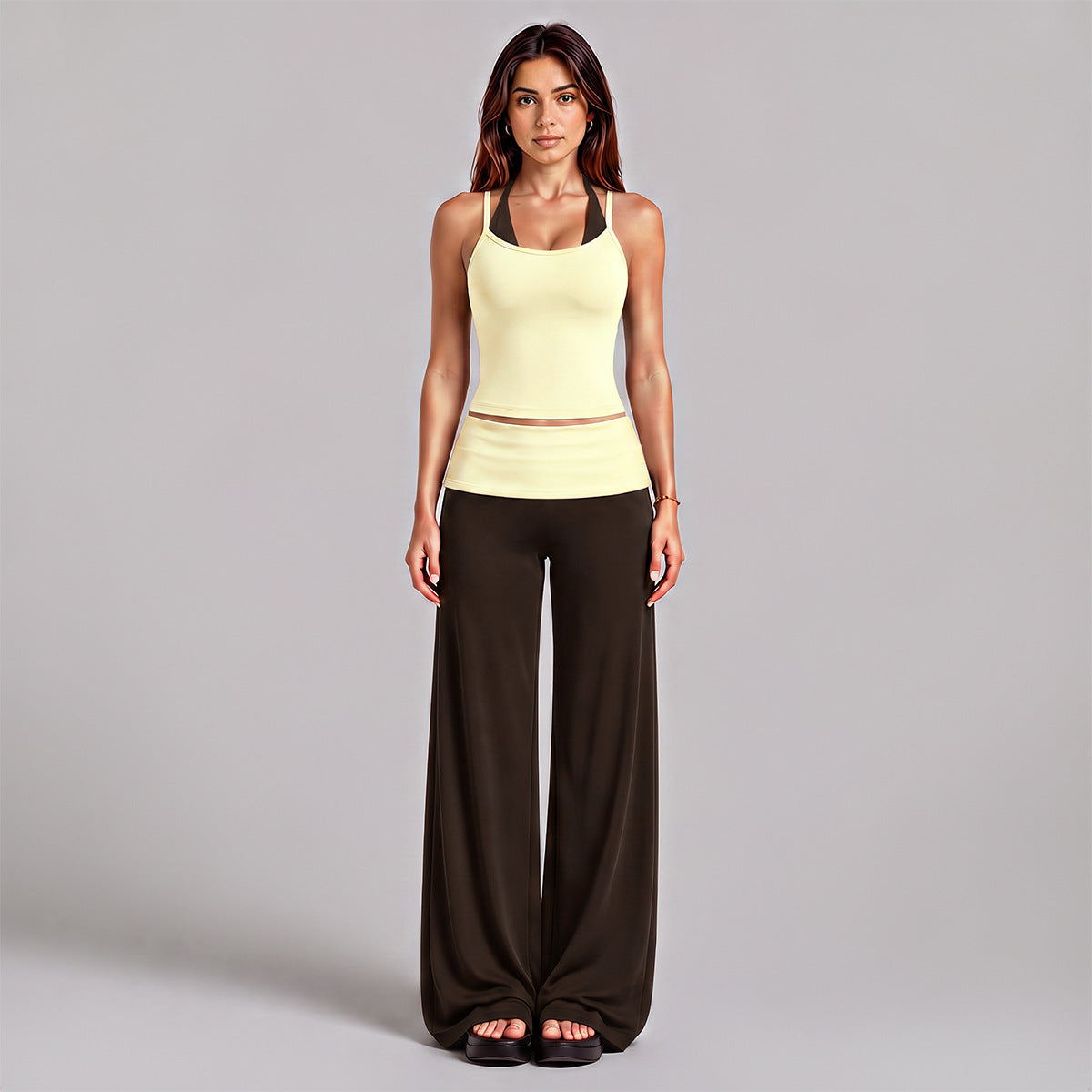 Wholesale Women’s Activewear Set | Halter Sports Top & Color-Block High-Waisted Yoga Pants | fouregg - 6147 Tank + 6187 Pants, Cream Yellow