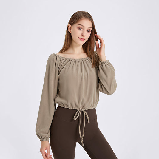 Wholesale Women’s Activewear Top | Slim-Fit Drawstring Off-Shoulder Warm-Up Shirt | fouregg - Walnut