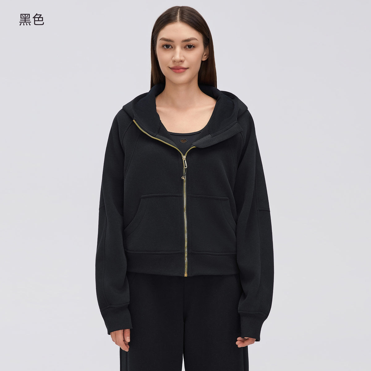 Wholesale Women’s Winter Cropped Hoodie Jacket | Relaxed-Fit Thermal Sportswear for Petite Sizes | fouregg - Black