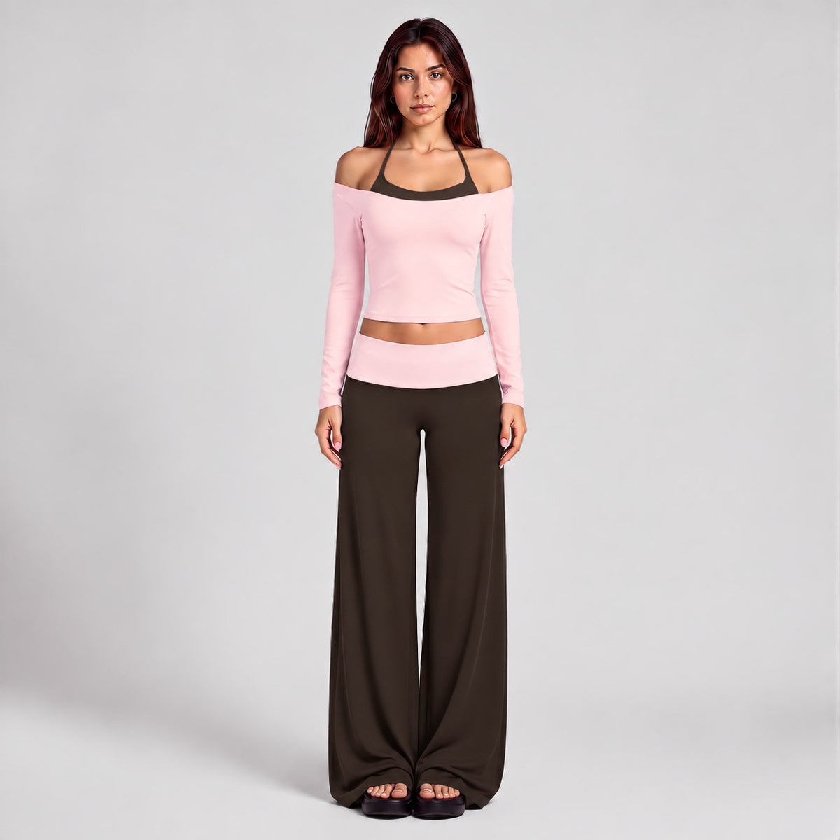Wholesale Women’s Activewear Set | Long Sleeve Mock-Layer Halter Top & Straight-Leg Yoga Pants | fouregg - Long Sleeve and Pants Pink with Root Brown