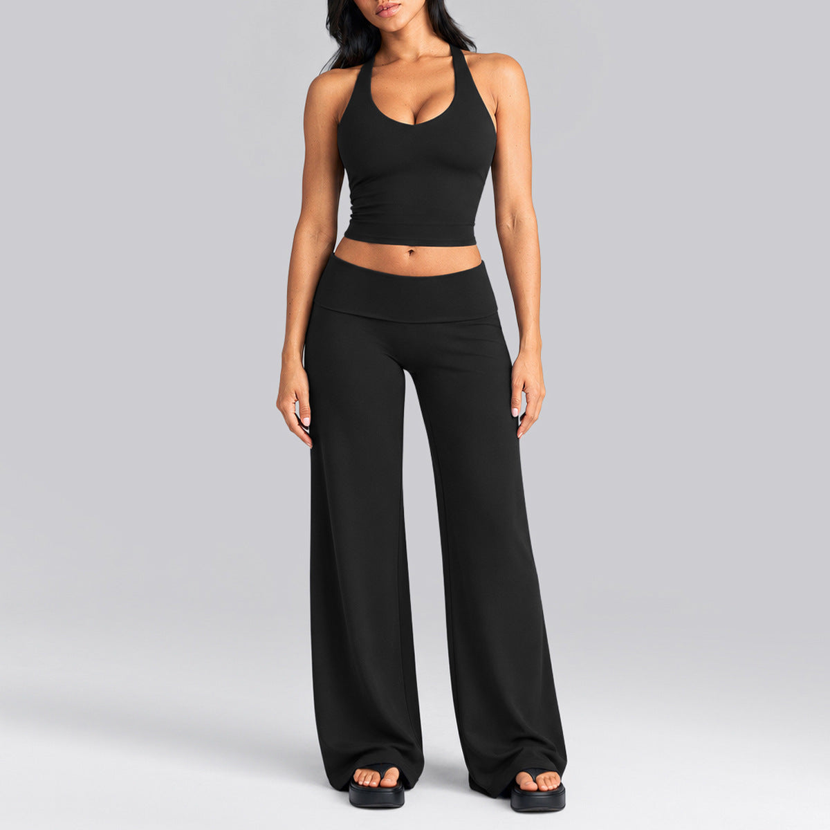 Wholesale Women’s Activewear Set | Quick-Dry Racerback Sports Tank & Relaxed Workout Trousers | fouregg - Tank Top + Long Pants, Black