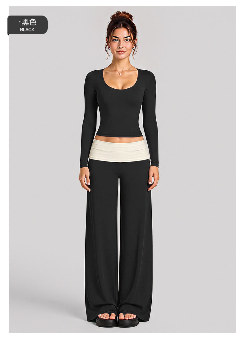 Wholesale Women’s Activewear Set | Color-Block Long Sleeve Tee & High-Waisted Training Pants | fouregg