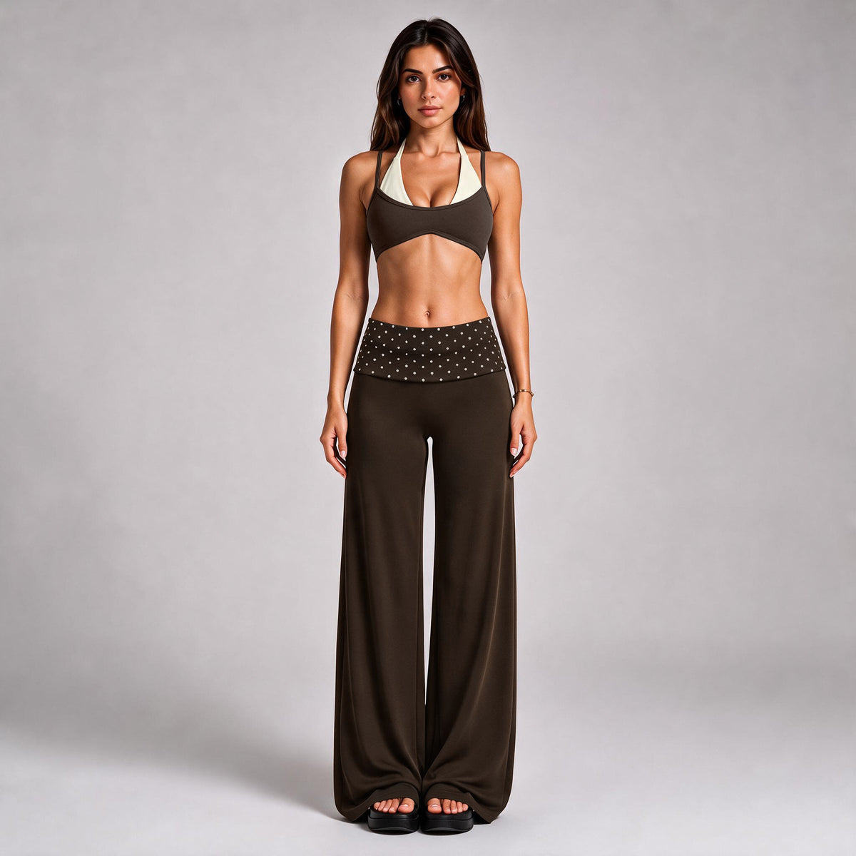 Wholesale Women’s Polka Dot Activewear Set | Backless Yoga Tank & Contrast-Trim Workout Trousers | fouregg - Pants + underwear, root-protecting brown