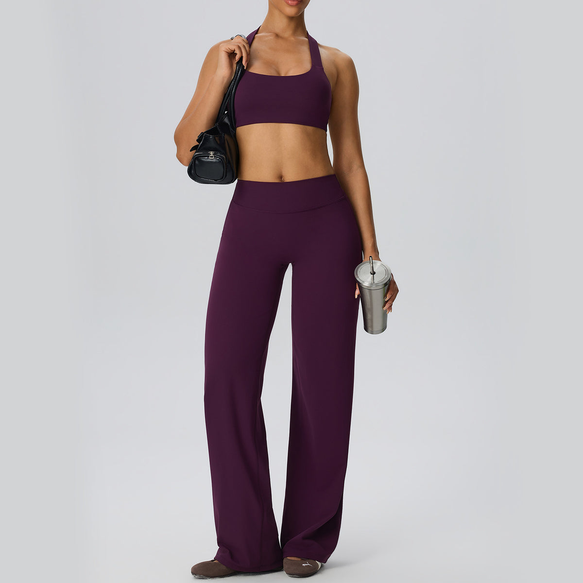 Wholesale Women’s 2-Piece Yoga Set | Bulk Halter Sports Bra & Loose Workout Pants | fouregg