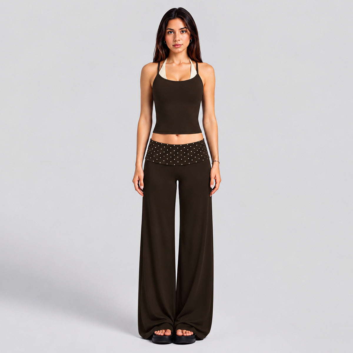 Wholesale Women’s Activewear Set | Color-Block Workout Tank & Quick-Dry Polka Dot Yoga Pants | fouregg - Tank Top + Pants, Root Brown