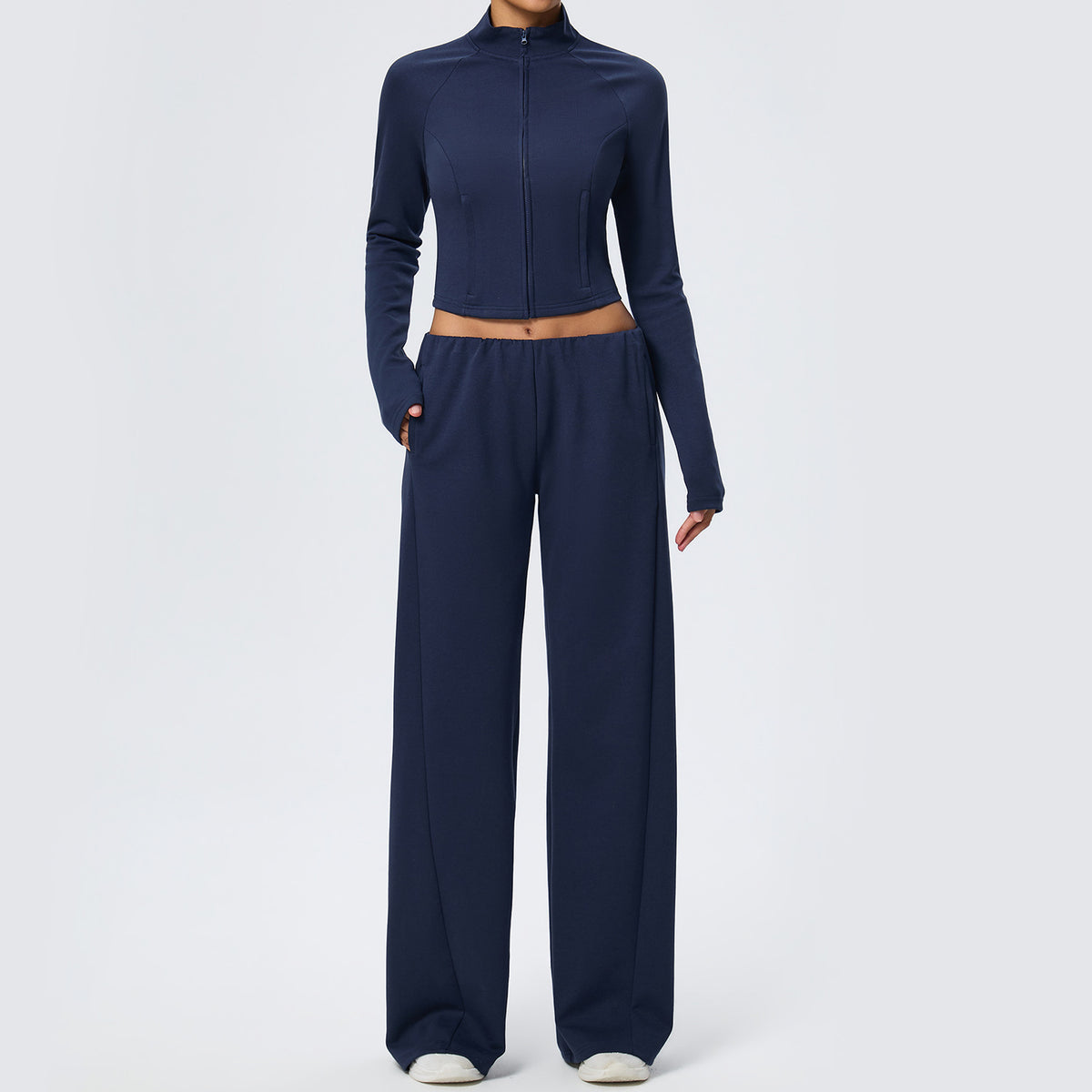 Wholesale Thermal Activewear Set | Cotton-Feel Long-Sleeve Top & Wide-Leg Trousers | fouregg - Navy Blue
