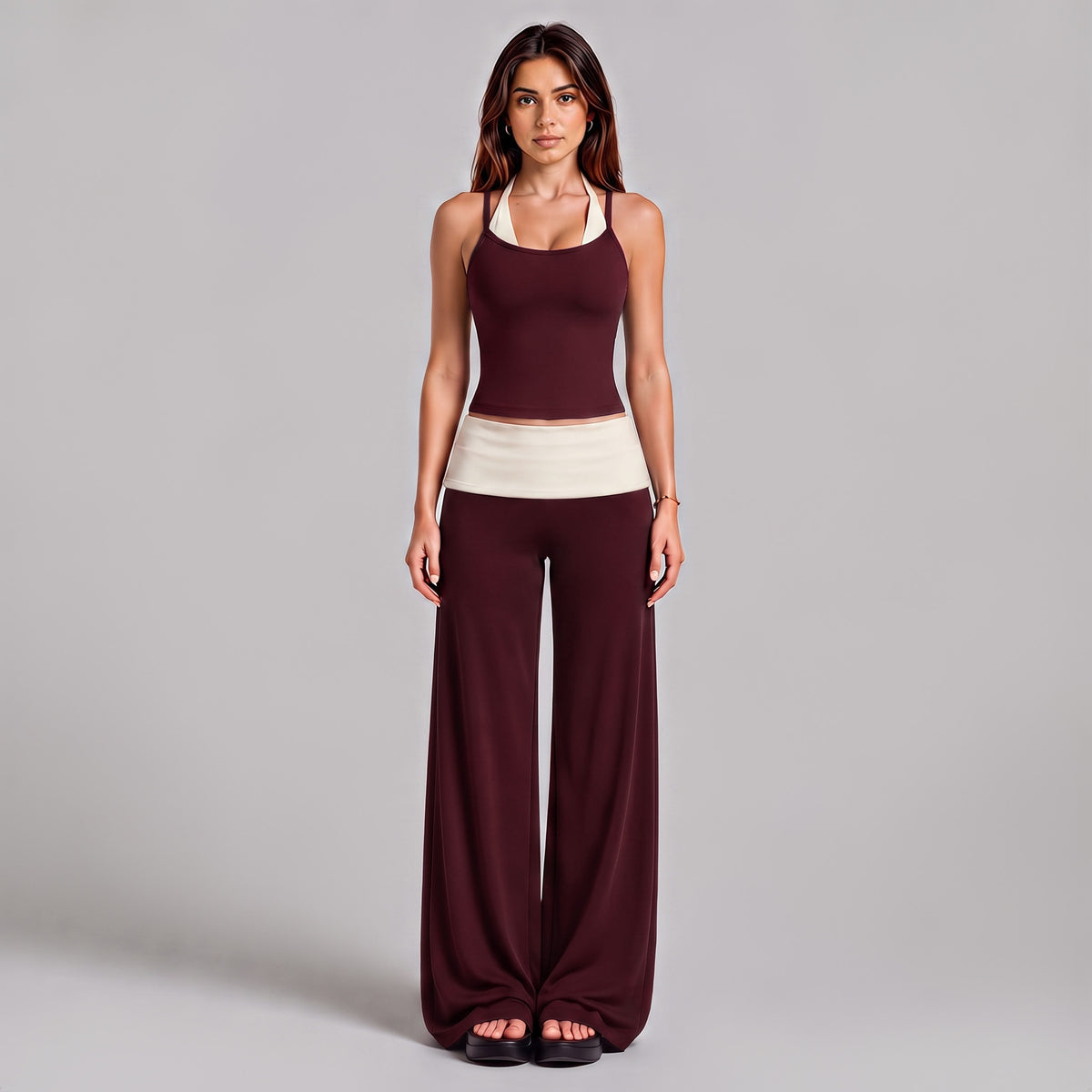 Wholesale Women’s Activewear Set | Halter Sports Top & Color-Block High-Waisted Yoga Pants | fouregg - 6147 Tank + 6187 Pants, Ankara Red