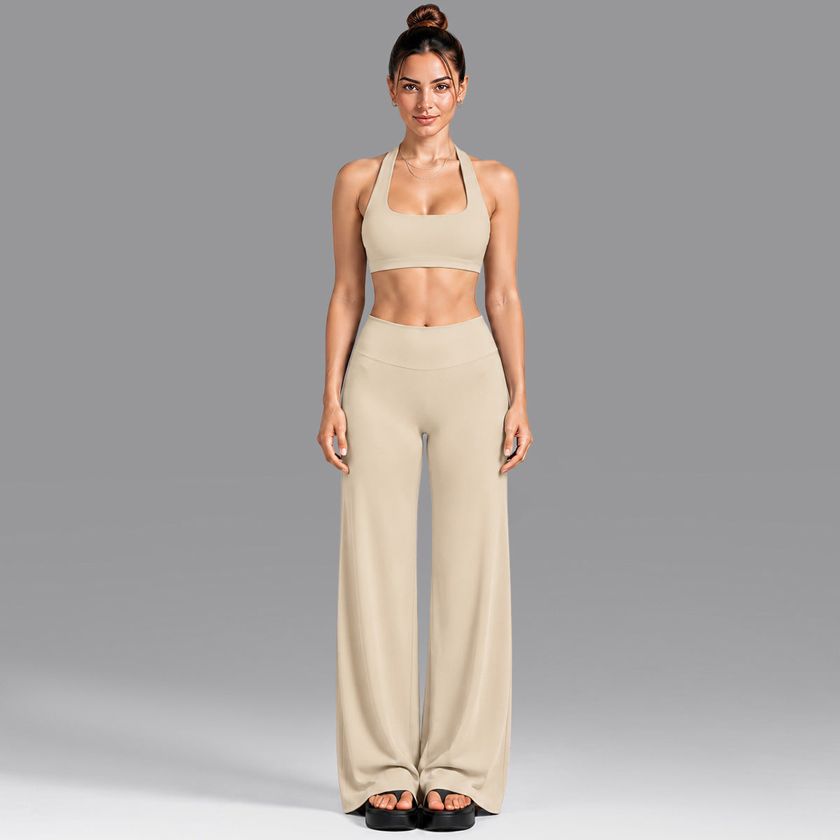 Wholesale Women’s Summer Activewear Set | Built-In Cup Halter Bra & Open-Back Pilates Outfit | fouregg - Underwear + Pants Cream Beige