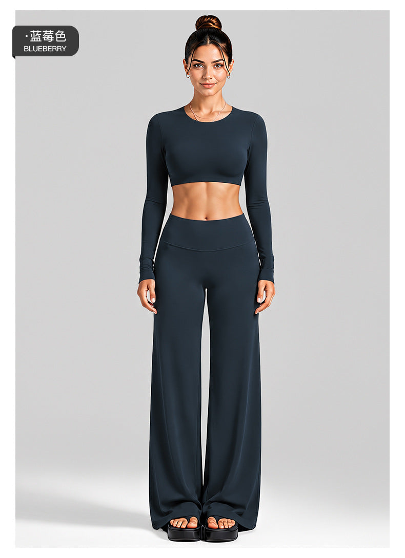 Wholesale Women’s Activewear Set | Cutout Back Long Sleeve Tee & High-Waisted Loose Pants | fouregg