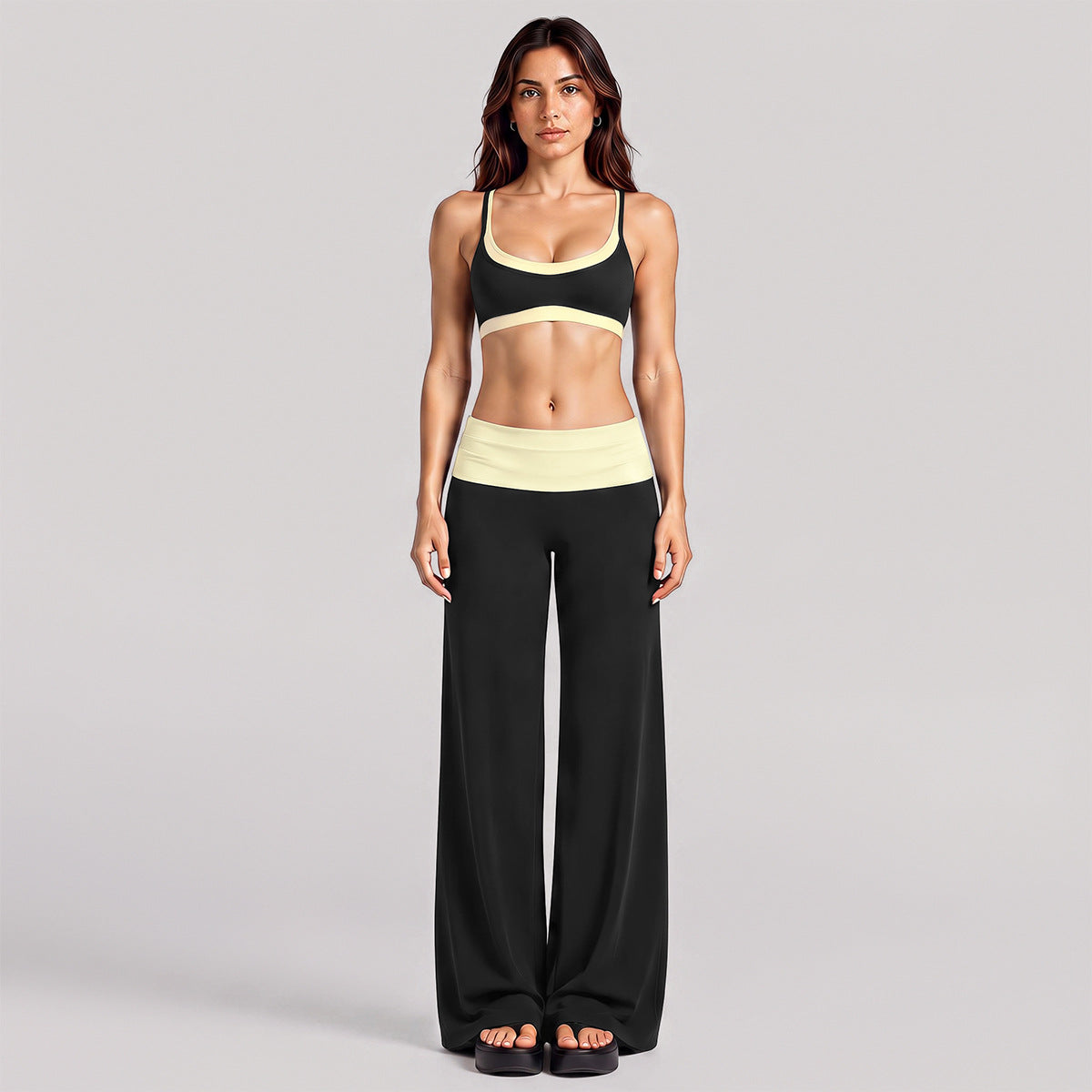 Wholesale Women’s Activewear Set | Layered Workout Bra & Color-Block Loose-Fit Training Pants | fouregg - Black and cream yellow