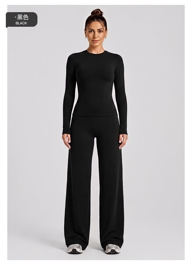 Wholesale Women’s Activewear Set | Slim-Fit Long Sleeve Tee & High-Waisted Loose Workout Pants | fouregg