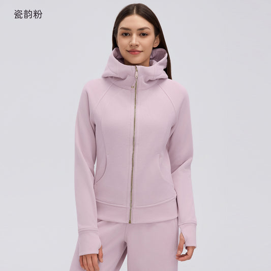 Wholesale Women’s Winter Workout Jacket D26115 | Warm Drawstring Waist Hooded Fitness Top | fouregg - Porcelain Pink