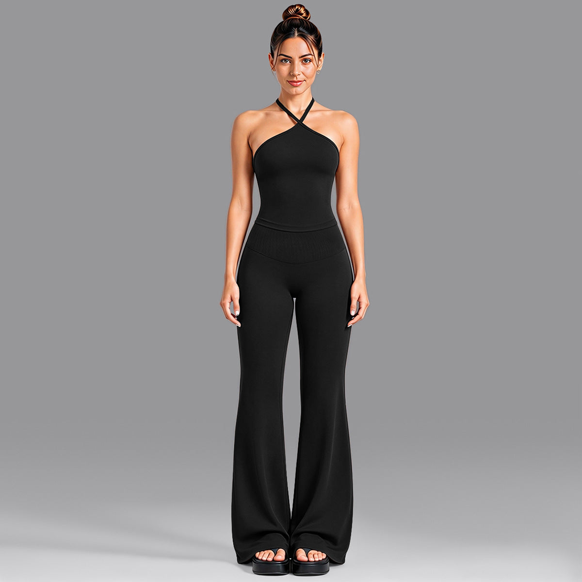 Wholesale Women’s Activewear Set | Contrast Stripe Workout Top & Casual Fitness Leggings | fouregg - Tank Top + Flared Pants, Black