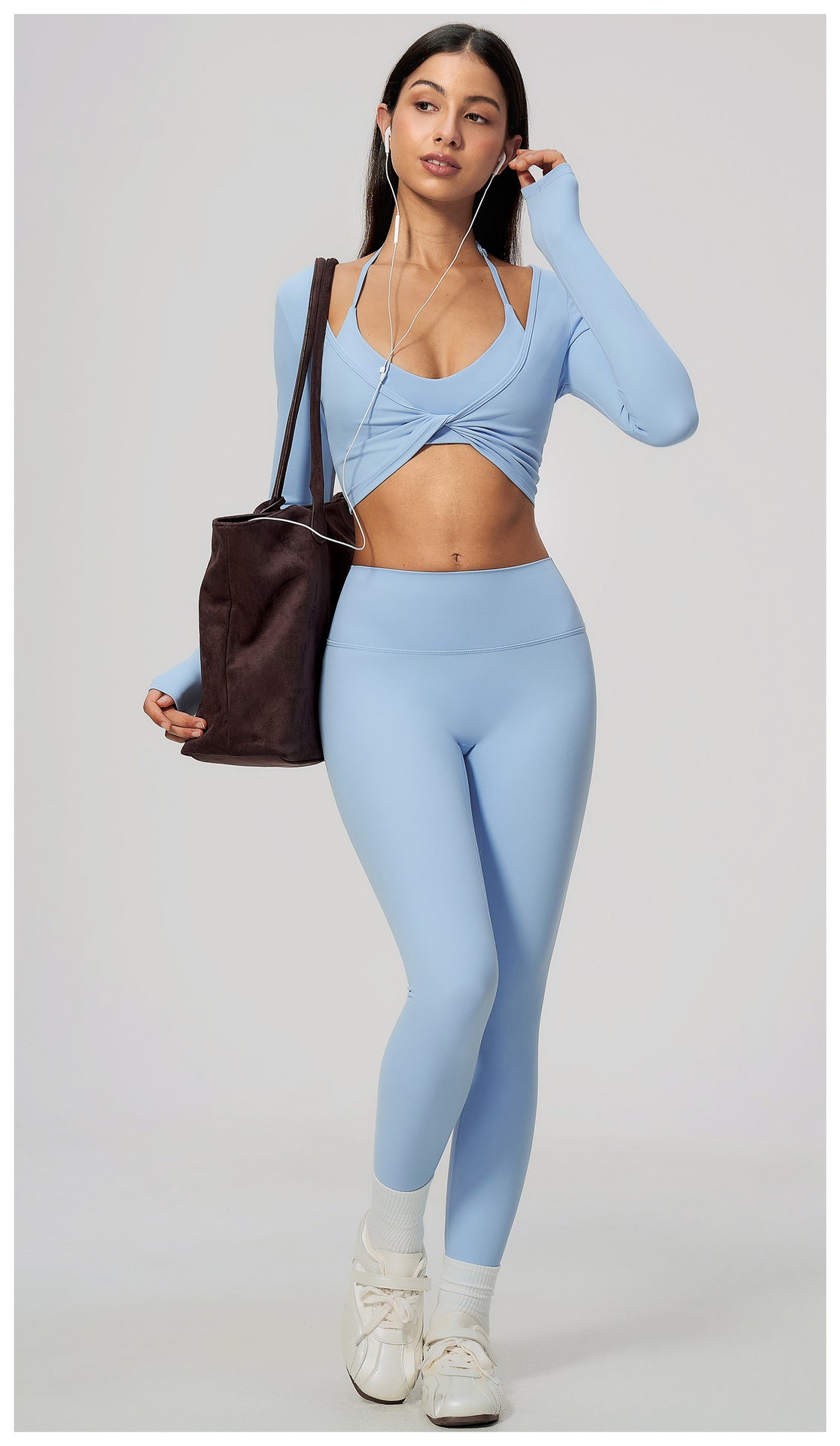 Wholesale Women’s Brushed Activewear Set 5529 | Slim-Fit Halter, Stand-Collar Jacket & Sculpting Pants | fouregg