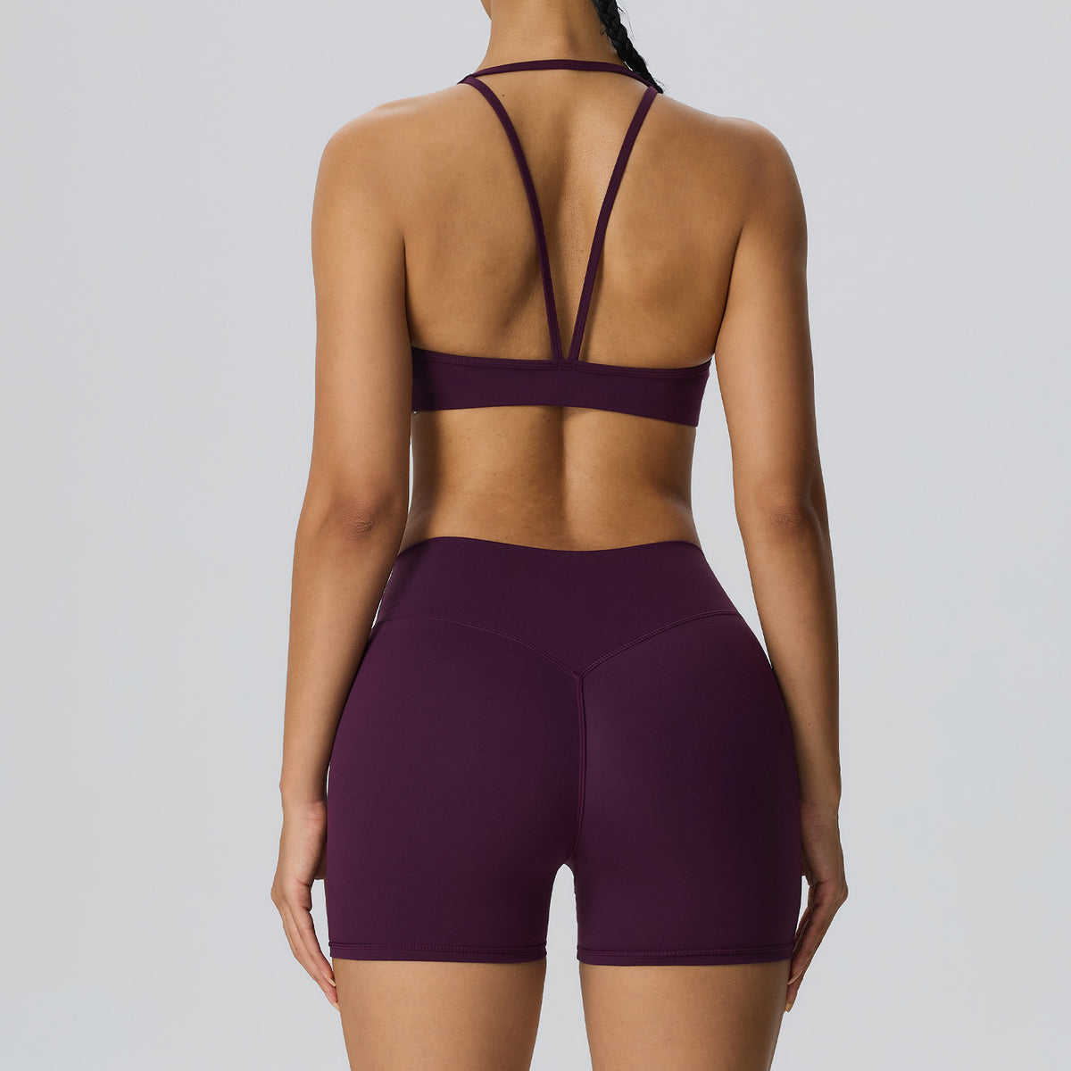 Wholesale Women’s 2-Piece Activewear Set | Bulk Brushed Sports Bra & Sculpting Biker Shorts | fouregg - Plum Purple