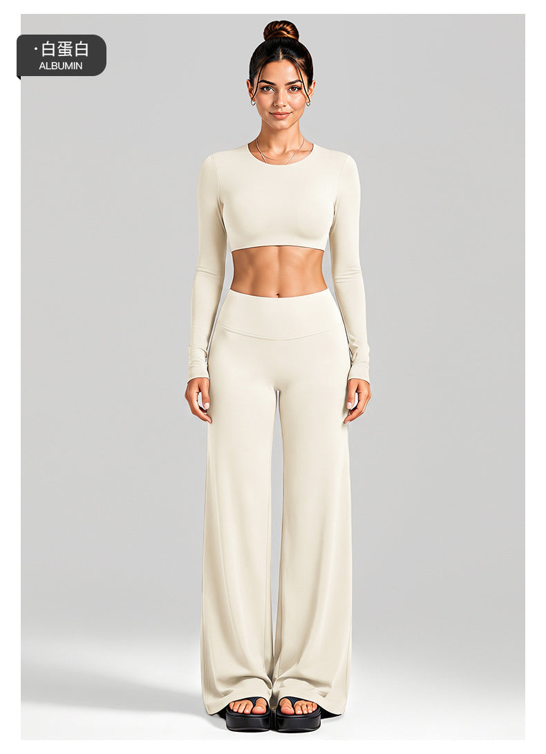 Wholesale Women’s Activewear Set | Cutout Back Long Sleeve Tee & High-Waisted Loose Pants | fouregg