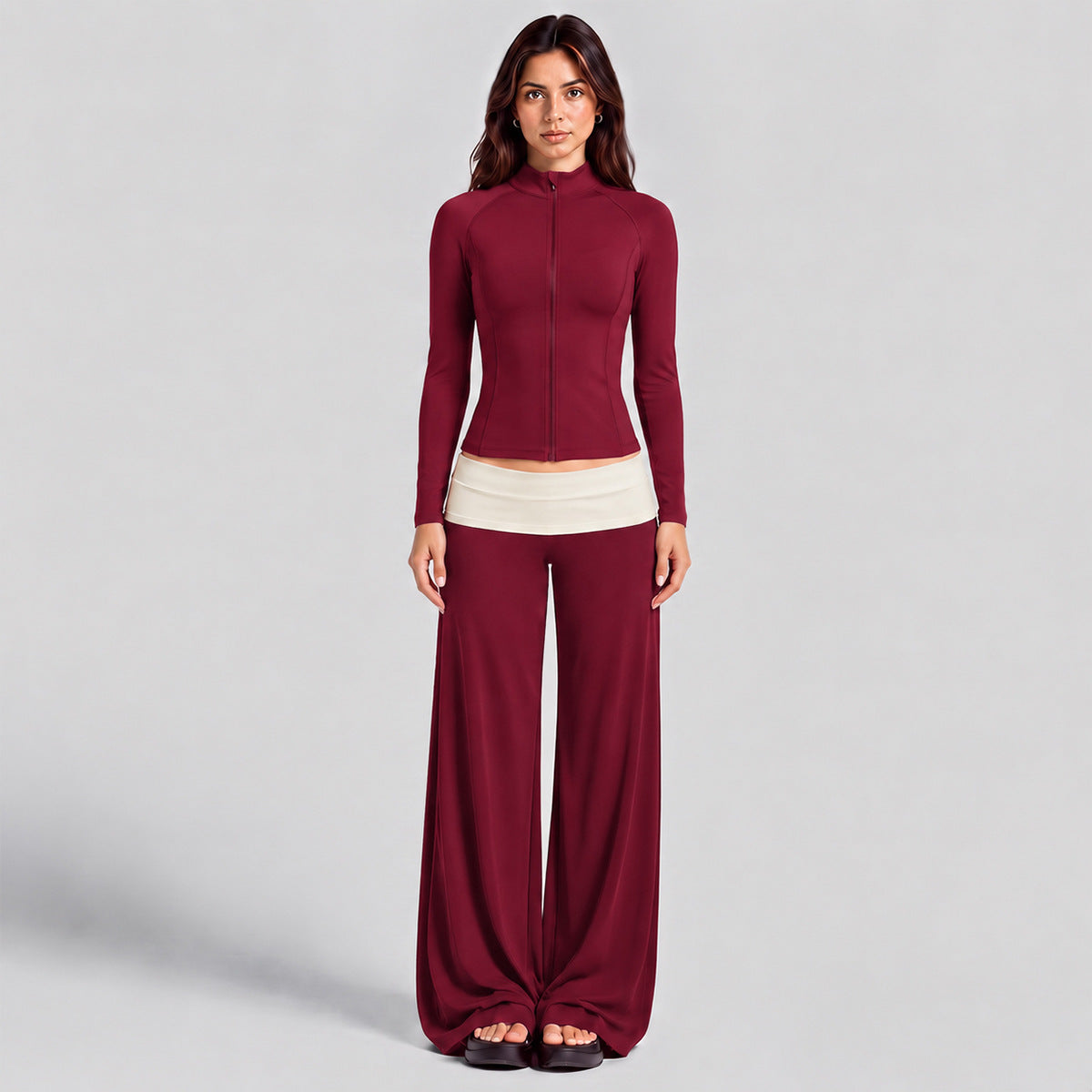 Wholesale Women’s Activewear Set | High-Neck Workout Jacket & Color-Block Yoga Leggings | fouregg - Rumba Red