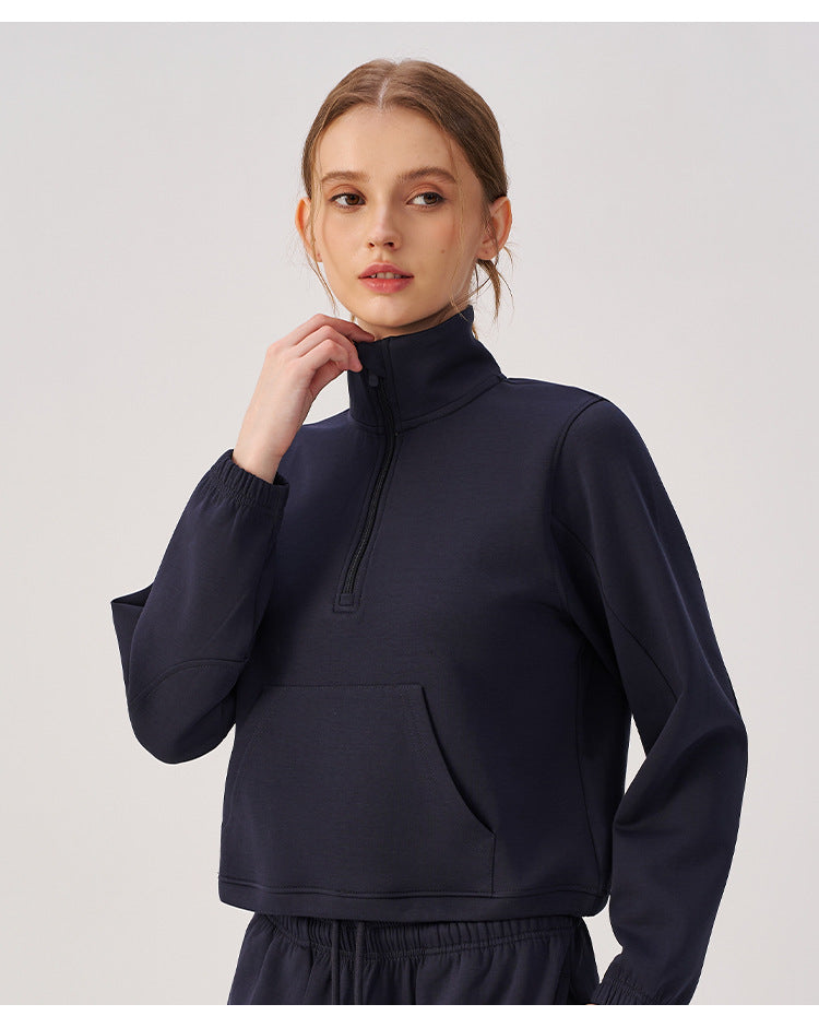 Wholesale Women’s Cropped Sweatshirt | Bulk Relaxed-Fit Half-Zip Workout Top | fouregg