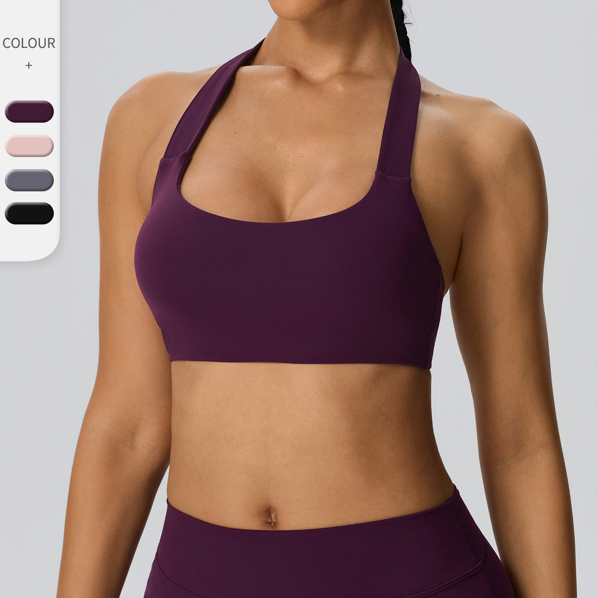 Wholesale Women’s Double-Brushed Sports Bra | Bulk Open-Back Halter Fitness Top 62768 | fouregg