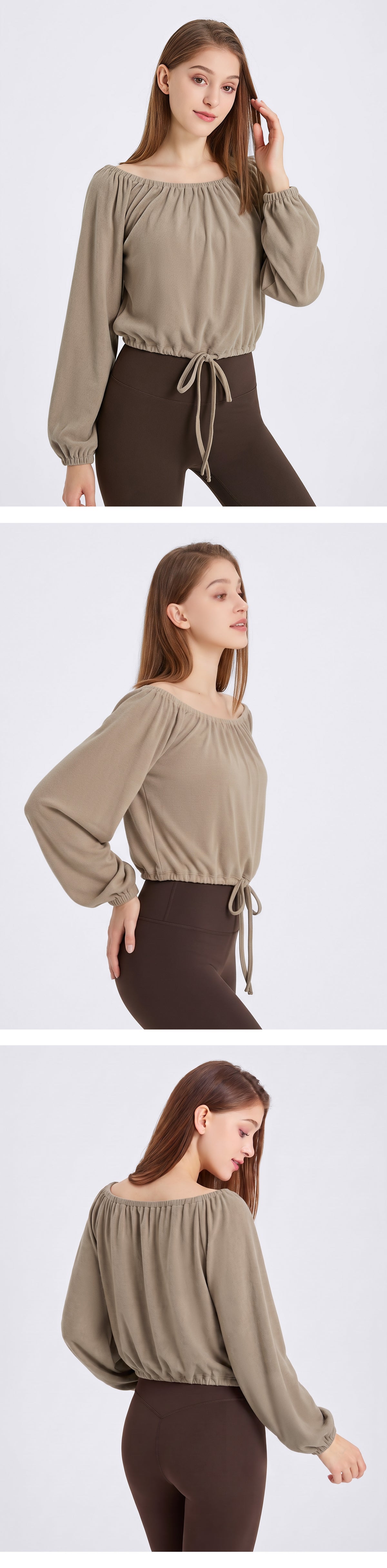 Wholesale Women’s Activewear Top | Slim-Fit Drawstring Off-Shoulder Warm-Up Shirt | fouregg